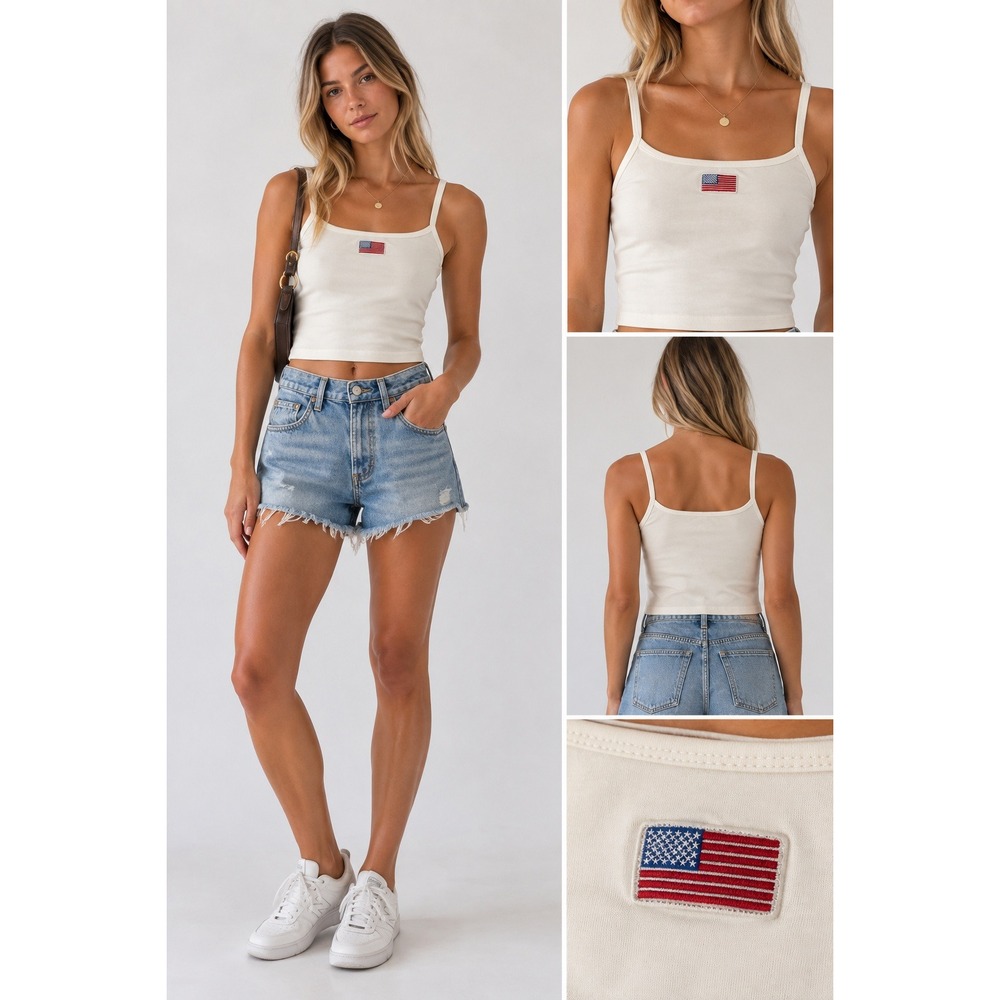 White Cropped Cami Tank Top Womens Size S American Flag Patch Square Neck